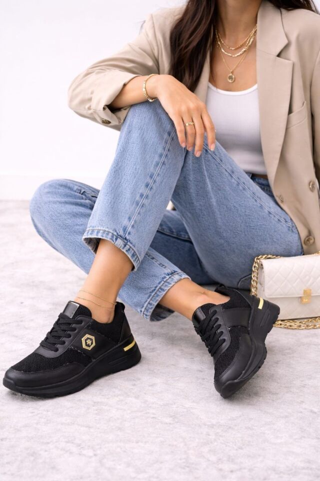 Dantel Detaylı Trend 5 Cm Platform Yüksek Taban Kadın Sneaker Spor Ayakkabı SİYAH-SİYAH - 39