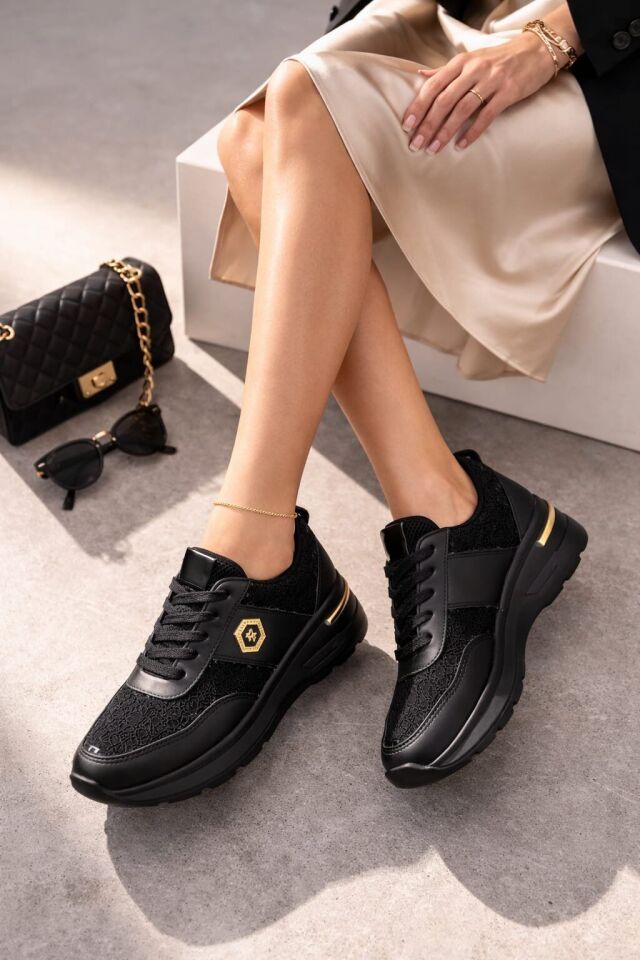 Dantel Detaylı Trend 5 Cm Platform Yüksek Taban Kadın Sneaker Spor Ayakkabı SİYAH-SİYAH - 37