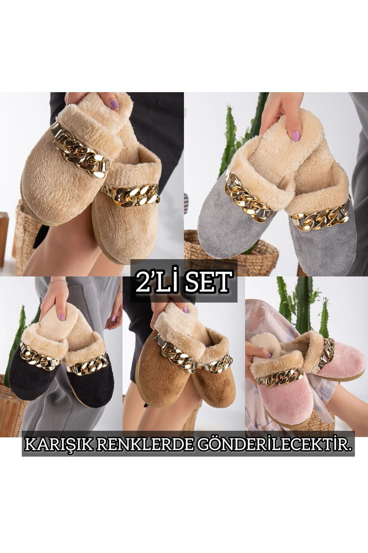 2' Li Paket Önü Kapalı Terlik Ev Terliği Çeyiz Bohça Seti İKİLİ KIŞLIK ROSE ZİNCİR - 40