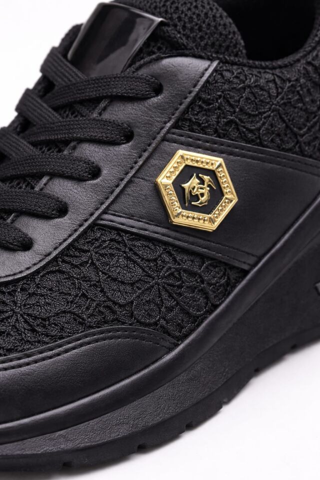 Dantel Detaylı Trend 5 Cm Platform Yüksek Taban Kadın Sneaker Spor Ayakkabı SİYAH-SİYAH - 40