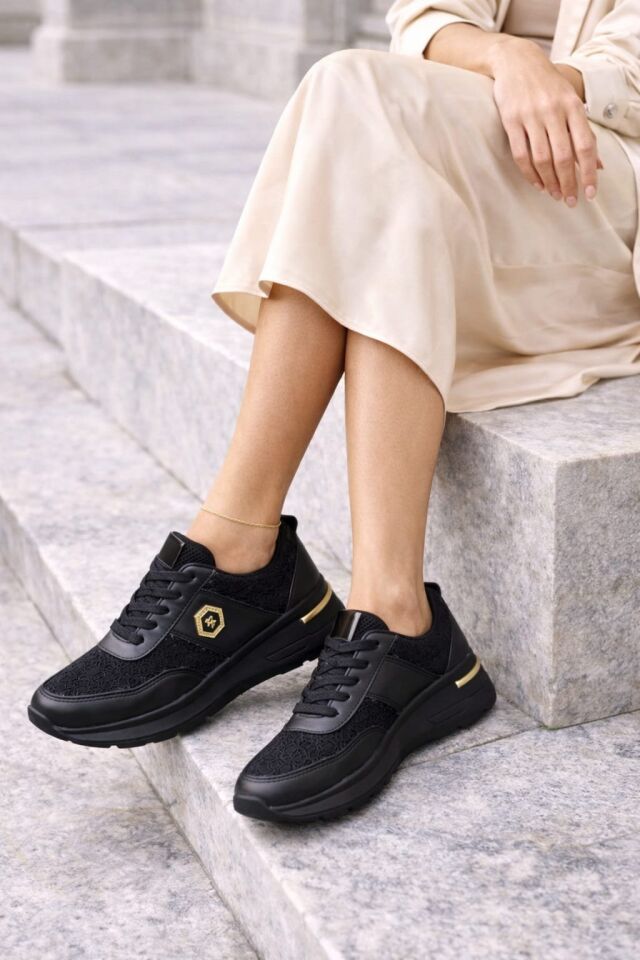 Dantel Detaylı Trend 5 Cm Platform Yüksek Taban Kadın Sneaker Spor Ayakkabı SİYAH-SİYAH - 40