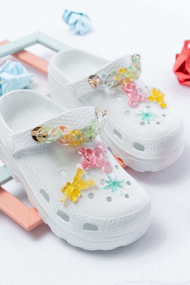 Jelibonlu  Boncuklu Kız Çocuk Sandalet-Terlik BEYAZ - 32