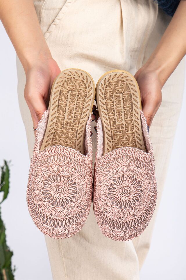 Kadın Dantel Işlemeli Hasırlı Ev Terliği Dış Mekan Terliği PUDRA - 40