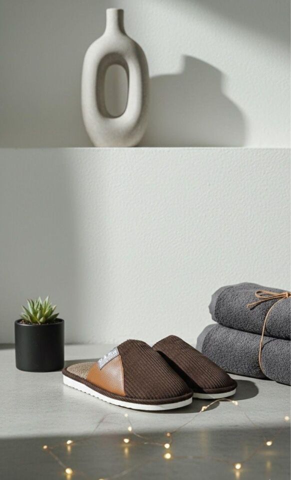 Unisex Ev Terliği Kaymaz Tabanlı Ribana Kumaş Konforlu Model Şık ve Konforlu Ev İçi Terlik Yarı Deri