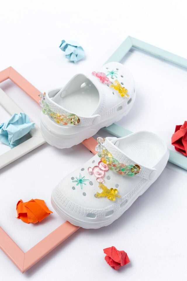 Jelibonlu  Boncuklu Kız Çocuk Sandalet-Terlik BEYAZ - 27