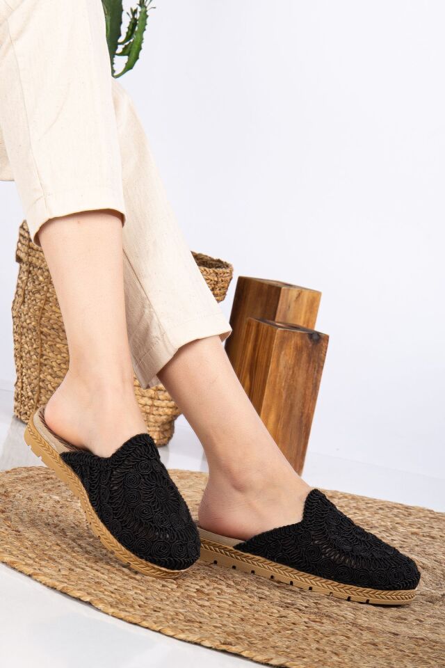 Kadın Dantel Işlemeli Hasırlı Ev Terliği Dış Mekan Terliği SİYAH - 39