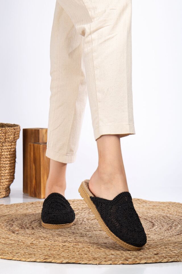 Kadın Dantel Işlemeli Hasırlı Ev Terliği Dış Mekan Terliği SİYAH - 39