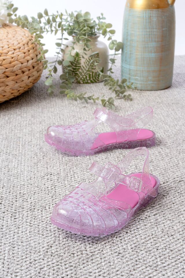 Kadın Parlak Şeffaf Siyah Gümüş Simli Jelly Sandalet