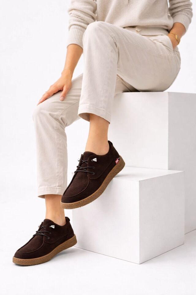 Kadın Süet Bağcıklı Casual Günlük Ayakkabı –Ortopedik & Termo Hafif Rahat Taban KAHVERENGİ - 40