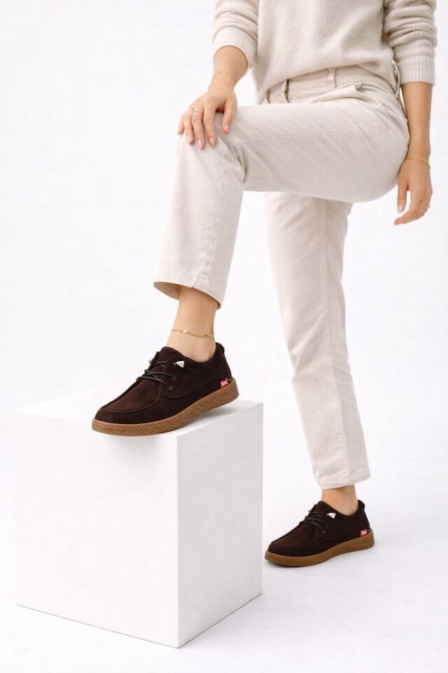 Kadın Süet Bağcıklı Casual Günlük Ayakkabı –Ortopedik & Termo Hafif Rahat Taban KAHVERENGİ - 40