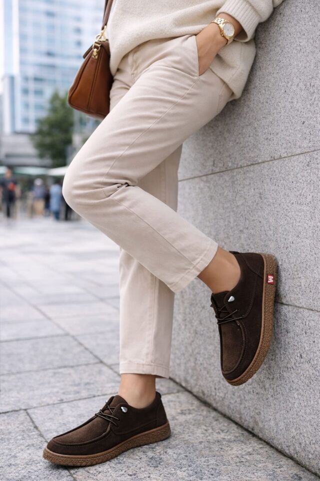 Kadın Süet Bağcıklı Casual Günlük Ayakkabı –Ortopedik & Termo Hafif Rahat Taban KAHVERENGİ - 40