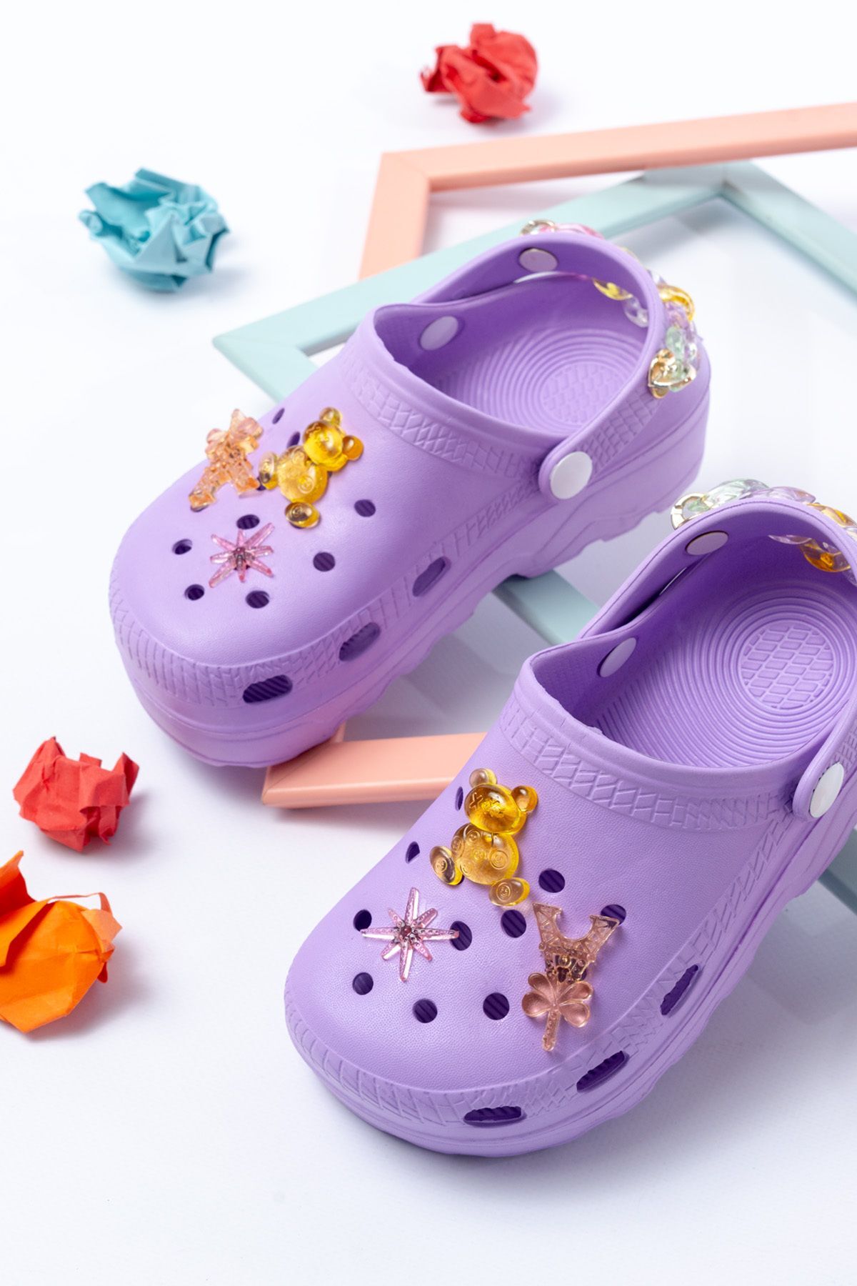Jelibonlu  Boncuklu Kız Çocuk Sandalet-Terlik LİLA - 32
