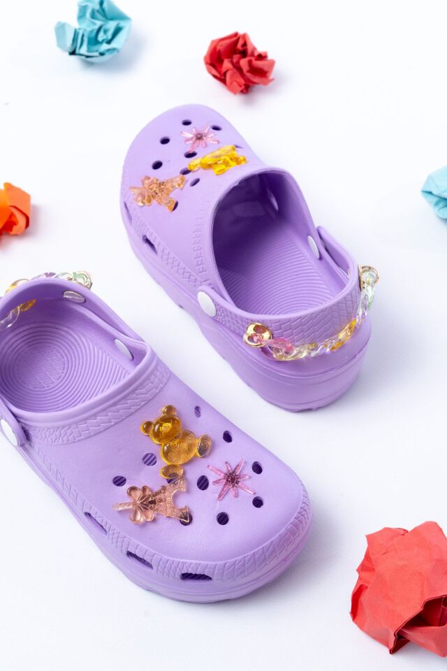 Jelibonlu  Boncuklu Kız Çocuk Sandalet-Terlik LİLA - 32