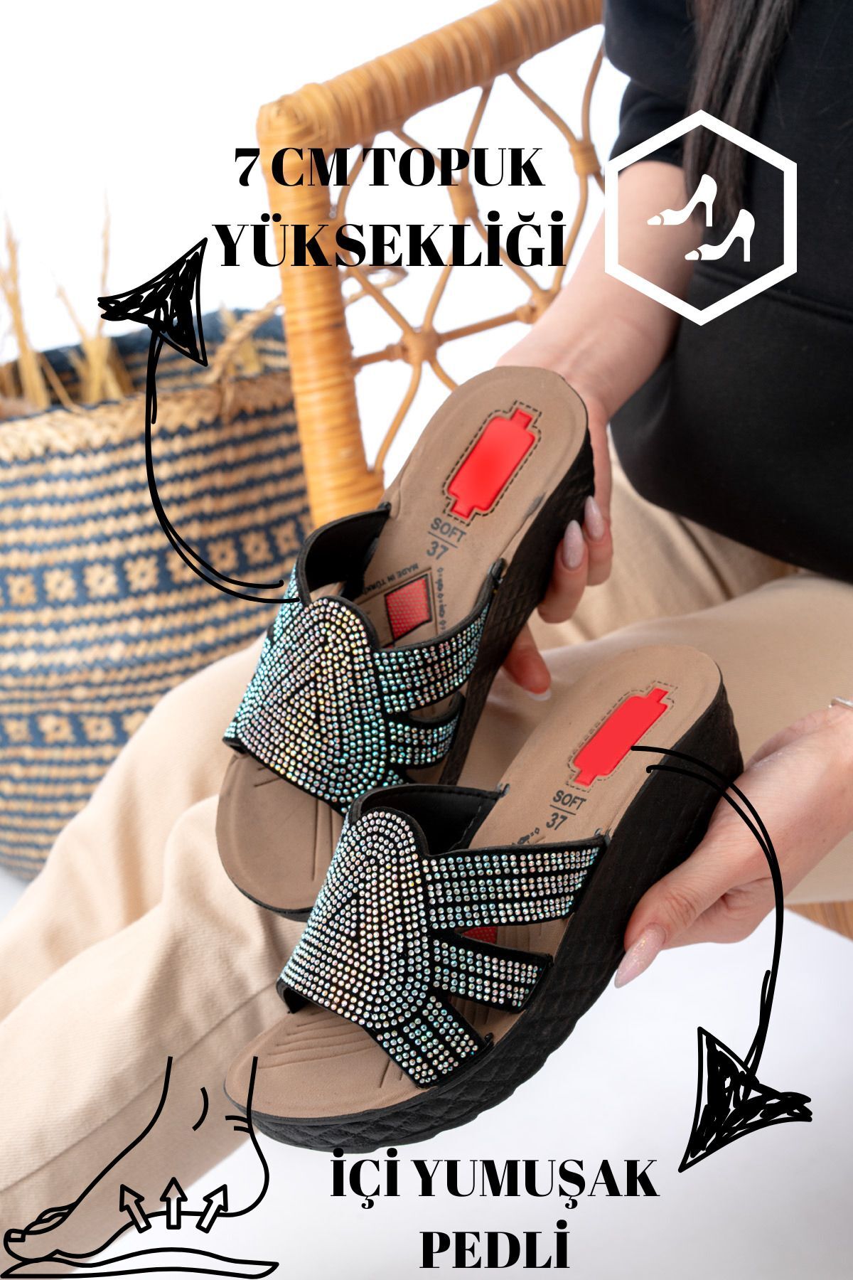 Kadın Taşlı Dolgu Topuk Terlik Ortopedik Günlük Terlik Rahat Şık Topuklu Terlik 913 GÜMÜŞ - 36