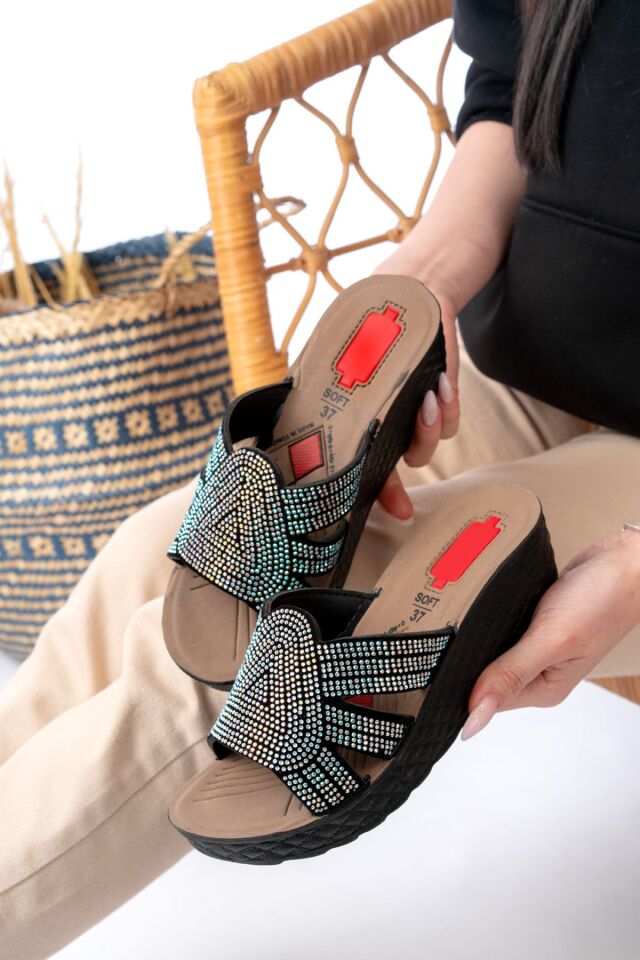 Kadın Taşlı Dolgu Topuk Terlik Ortopedik Günlük Terlik Rahat Şık Topuklu Terlik 913 GÜMÜŞ - 36