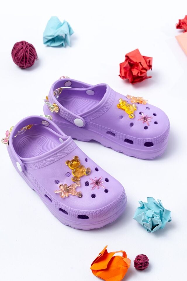 Jelibonlu  Boncuklu Kız Çocuk Sandalet-Terlik LİLA - 28