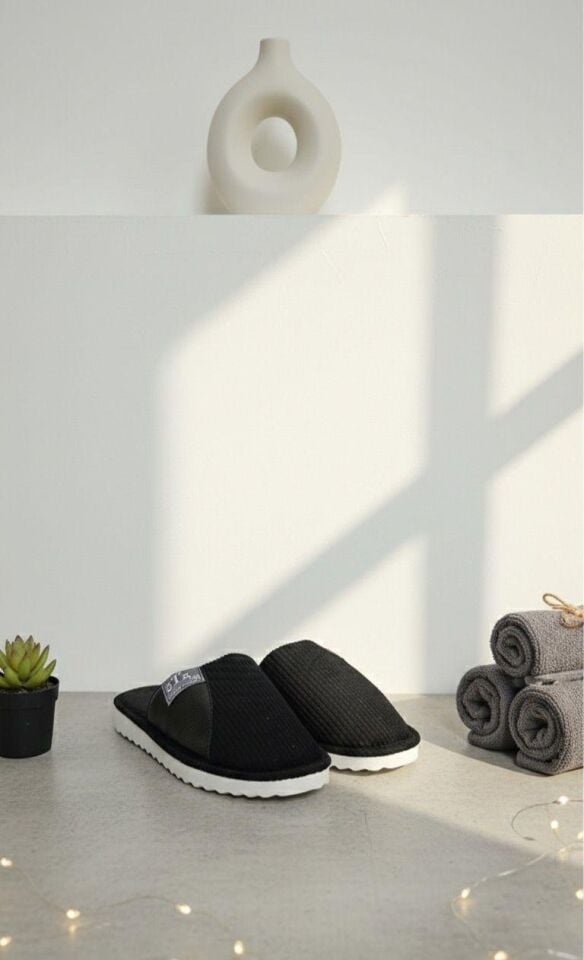 Unisex Ev Terliği Kaymaz Tabanlı Ribana Kumaş Konforlu Model Şık ve Konforlu Ev İçi Terlik Yarı Deri SİYAH - 45