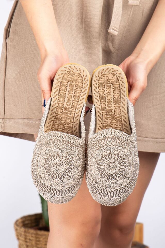 Kadın Dantel Işlemeli Hasırlı Ev Terliği Dış Mekan Terliği BEJ - 40