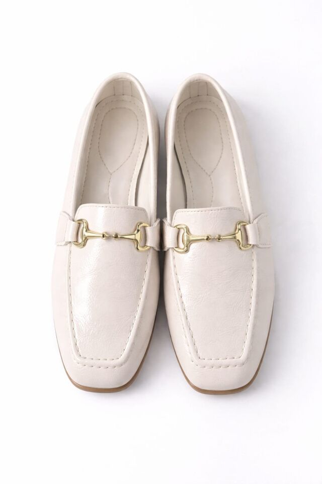 Kadın Rugan Loafer Gold Tokalı Günlük Şık Rahat Babet Ayakkabı KREM - 38
