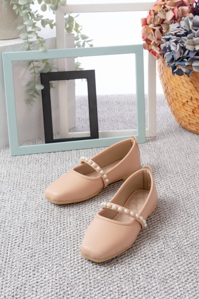 Kadın Siyah Cilt İncili Babet Ev ve Dış Mekan Ayakkabısı İNCİLİ DELİKLİ KREM - 40