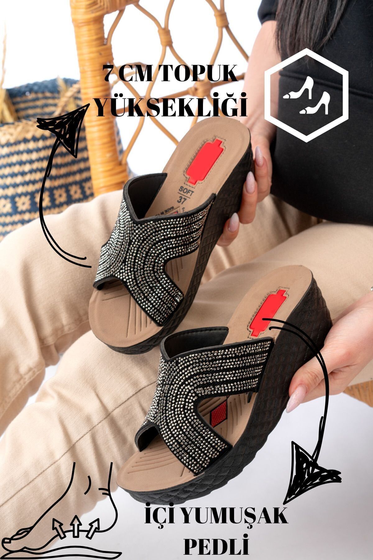 Kadın Taşlı Dolgu Topuk Terlik Ortopedik Günlük Terlik Rahat Şık Topuklu Terlik 912 GÜMÜŞ - 38