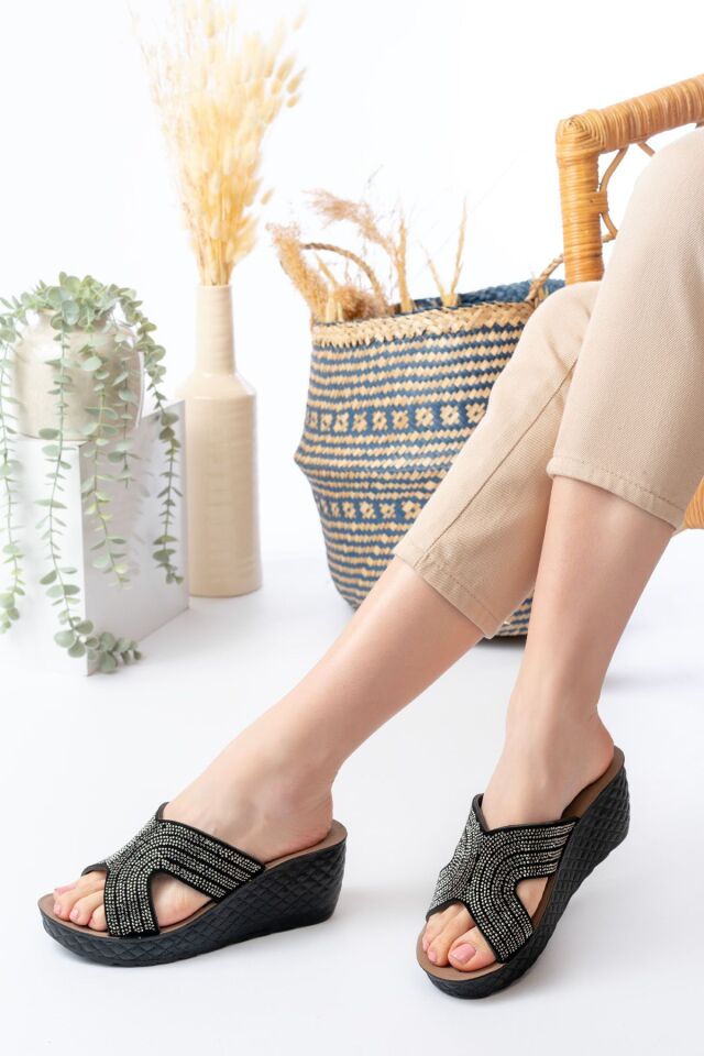 Kadın Taşlı Dolgu Topuk Terlik Ortopedik Günlük Terlik Rahat Şık Topuklu Terlik 912 GÜMÜŞ - 36