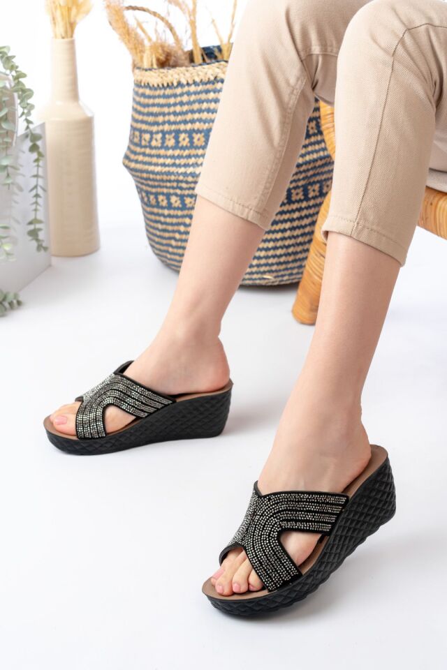 Kadın Taşlı Dolgu Topuk Terlik Ortopedik Günlük Terlik Rahat Şık Topuklu Terlik 912 GÜMÜŞ - 36