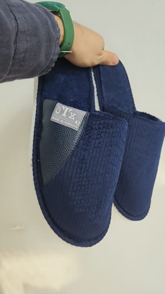 Unisex Ev Terliği Kaymaz Tabanlı Ribana Kumaş Konforlu Model Şık ve Konforlu Ev İçi Terlik Yarı Deri LACİVERT - 41