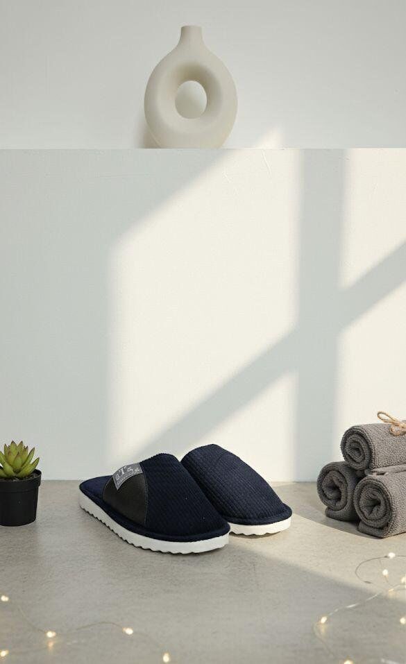 Unisex Ev Terliği Kaymaz Tabanlı Ribana Kumaş Konforlu Model Şık ve Konforlu Ev İçi Terlik Yarı Deri LACİVERT - 41