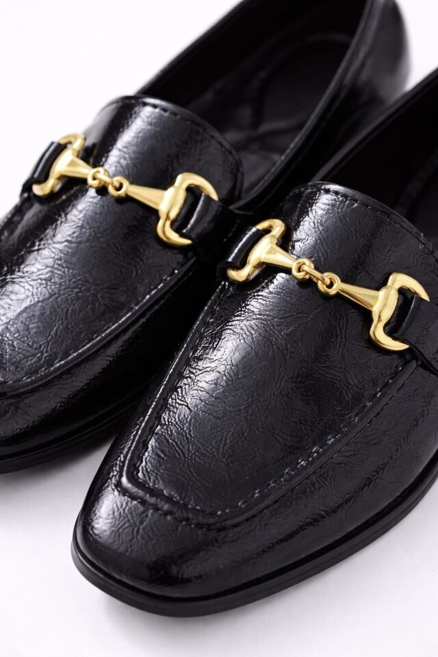 Kadın Rugan Loafer Gold Tokalı Günlük Şık Rahat Babet Ayakkabı SİYAH - 37
