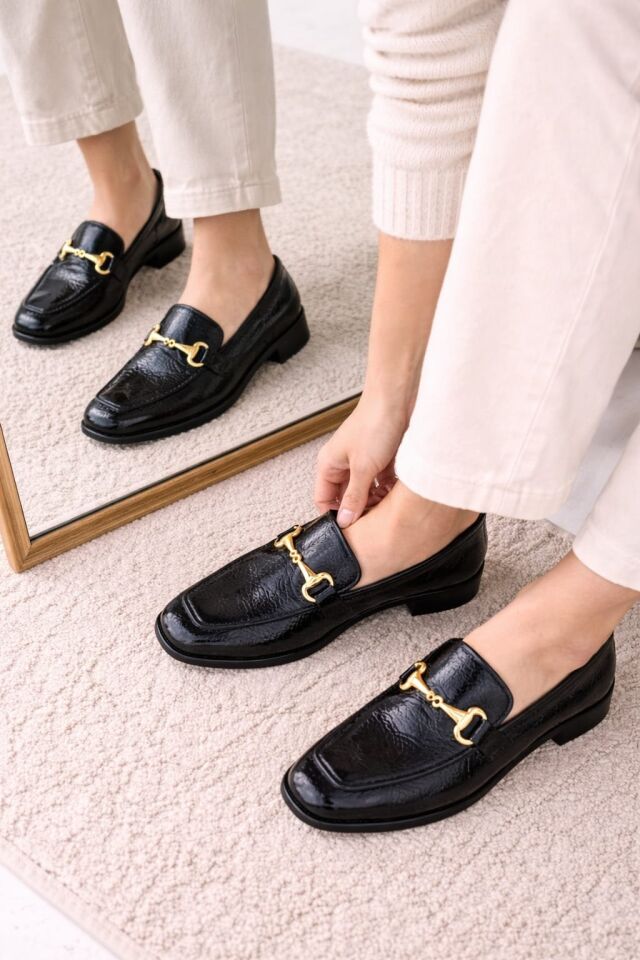 Kadın Rugan Loafer Gold Tokalı Günlük Şık Rahat Babet Ayakkabı SİYAH - 37