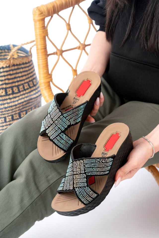 Kadın Taşlı Dolgu Topuk Terlik Ortopedik Günlük Terlik Rahat Şık Topuklu Terlik 910 GÜMÜŞ - 39