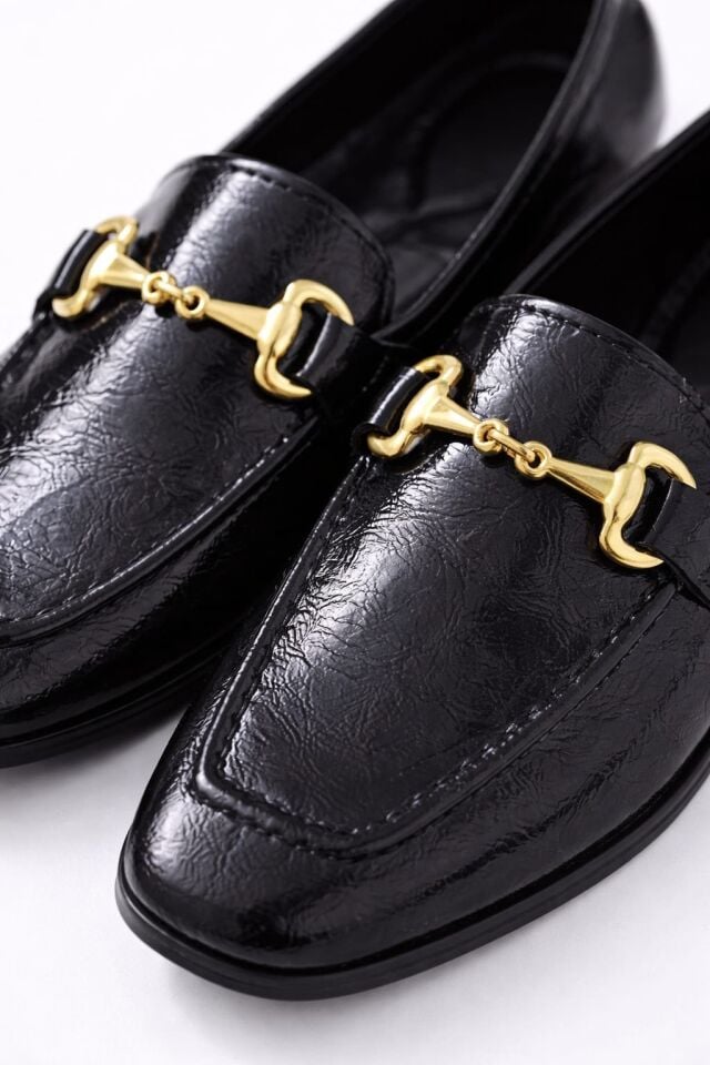 Kadın Rugan Loafer Gold Tokalı Günlük Şık Rahat Babet Ayakkabı SİYAH - 41