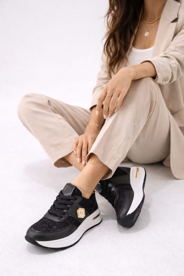 Dantel Detaylı Trend 5 Cm Platform Yüksek Taban Kadın Sneaker Spor Ayakkabı SİYAH-BEYAZ - 36