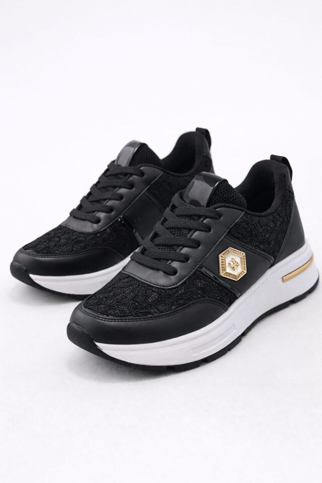 Dantel Detaylı Trend 5 Cm Platform Yüksek Taban Kadın Sneaker Spor Ayakkabı SİYAH-BEYAZ - 39