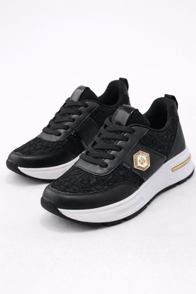 Dantel Detaylı Trend 5 Cm Platform Yüksek Taban Kadın Sneaker Spor Ayakkabı SİYAH-BEYAZ - 37