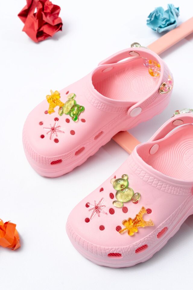 Jelibonlu  Boncuklu Kız Çocuk Sandalet-Terlik PUDRA - 33