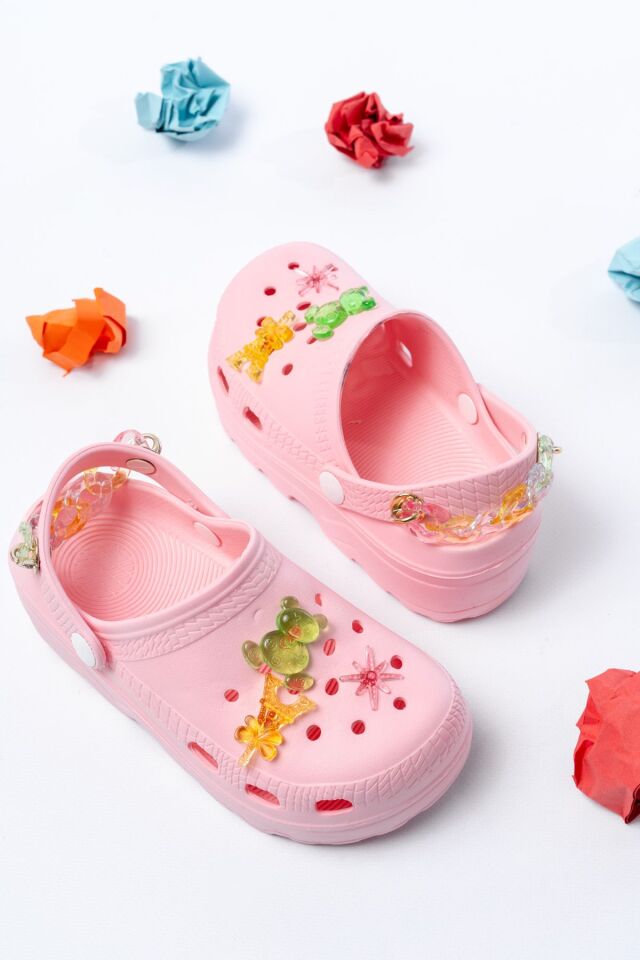 Jelibonlu  Boncuklu Kız Çocuk Sandalet-Terlik PUDRA - 33