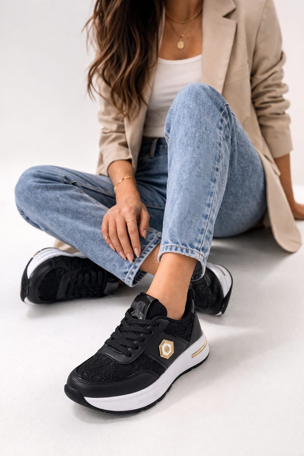 Dantel Detaylı Trend 5 Cm Platform Yüksek Taban Kadın Sneaker Spor Ayakkabı SİYAH-BEYAZ - 38