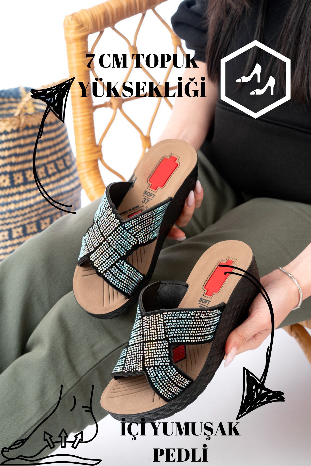 Kadın Taşlı Dolgu Topuk Terlik Ortopedik Günlük Terlik Rahat Şık Topuklu Terlik 910 GÜMÜŞ - 40