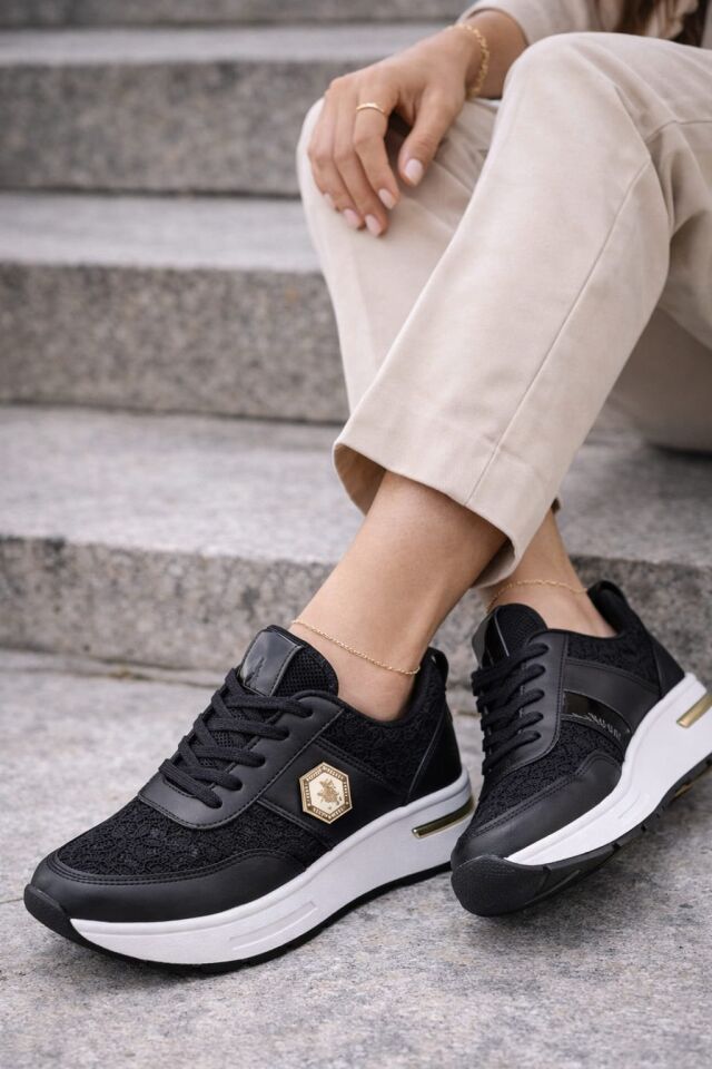 Dantel Detaylı Trend 5 Cm Platform Yüksek Taban Kadın Sneaker Spor Ayakkabı SİYAH-BEYAZ - 40