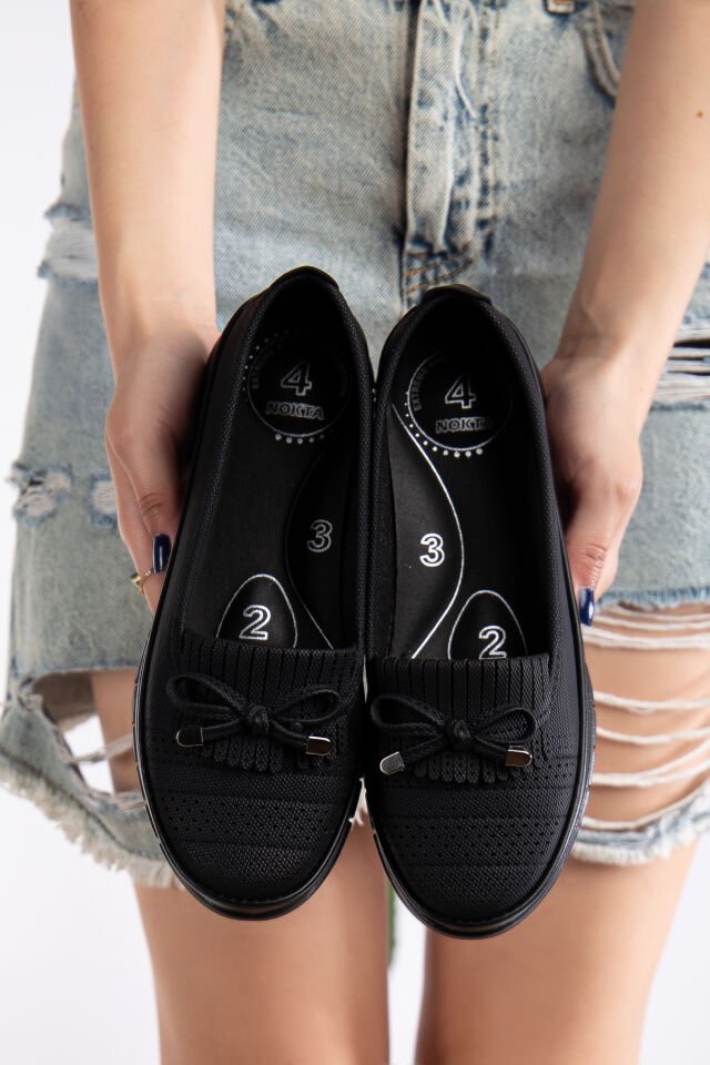 Kadın Delikli Fiyonklu Detaylı Anne Ayakkabısı Günlük Ayakkabı Babet SİYAH - 36