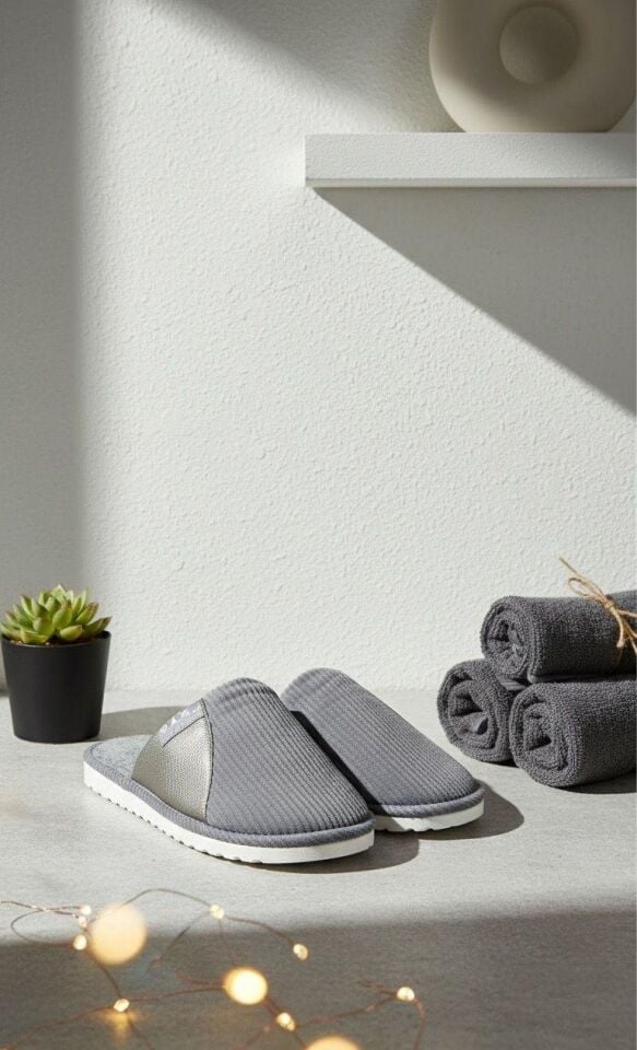 Unisex Ev Terliği Kaymaz Tabanlı Ribana Kumaş Konforlu Model Şık ve Konforlu Ev İçi Terlik Yarı Deri GRİ - 42