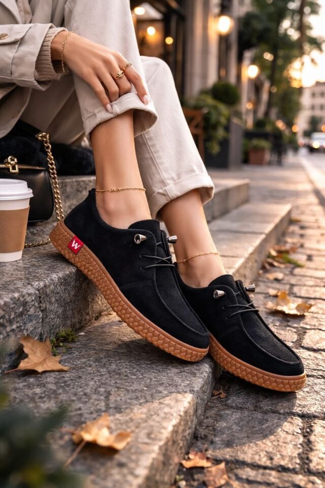 Kadın Süet Bağcıklı Casual Günlük Ayakkabı –Ortopedik & Termo Hafif Rahat Taban SİYAH-TABA - 40