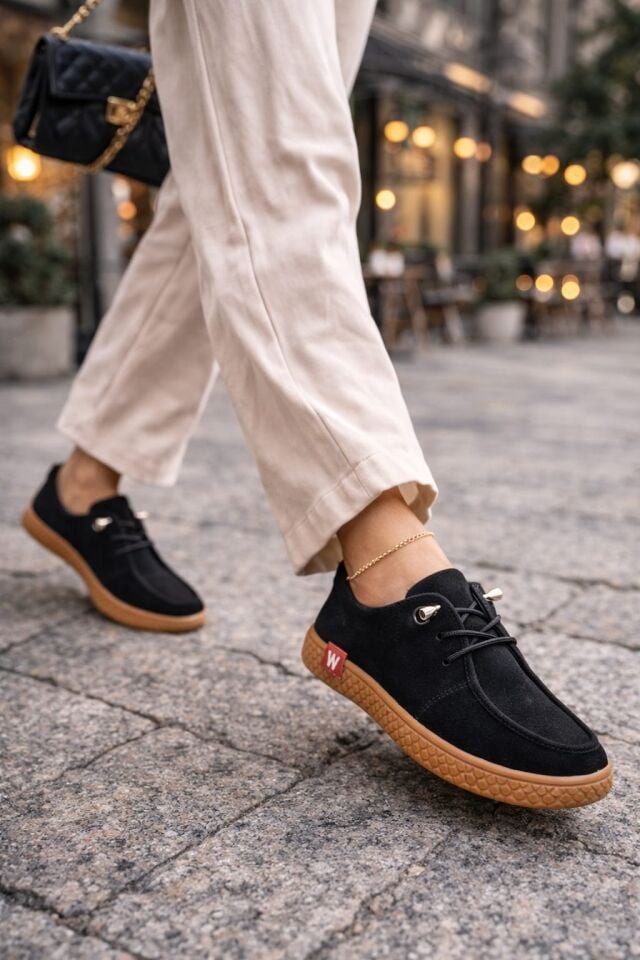 Kadın Süet Bağcıklı Casual Günlük Ayakkabı –Ortopedik & Termo Hafif Rahat Taban SİYAH-TABA - 40