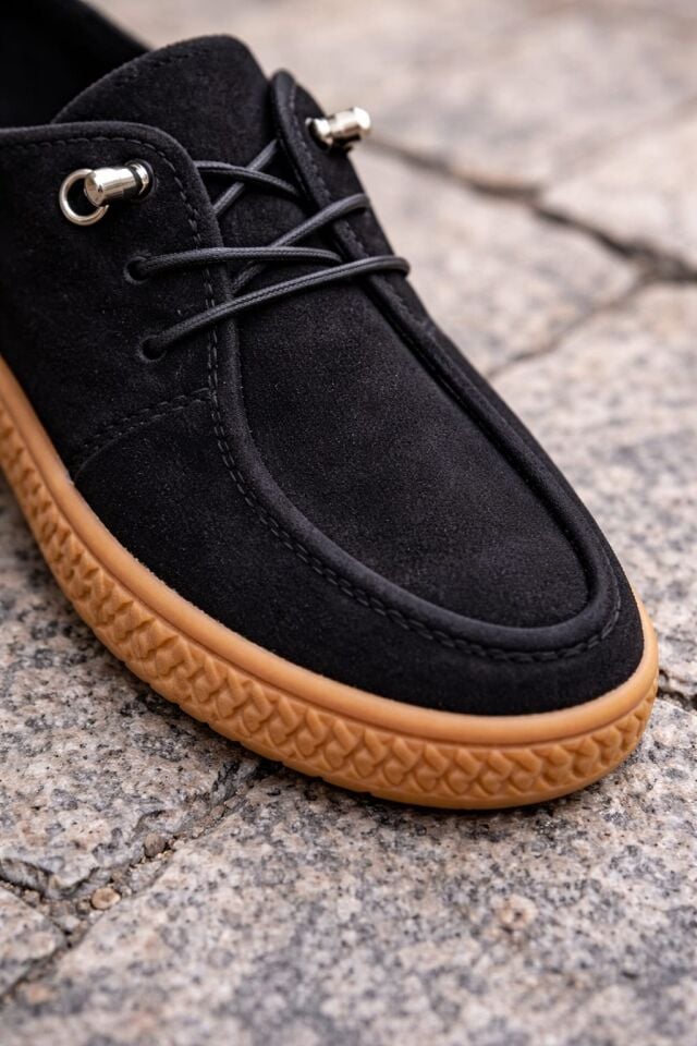 Kadın Süet Bağcıklı Casual Günlük Ayakkabı –Ortopedik & Termo Hafif Rahat Taban SİYAH-TABA - 40