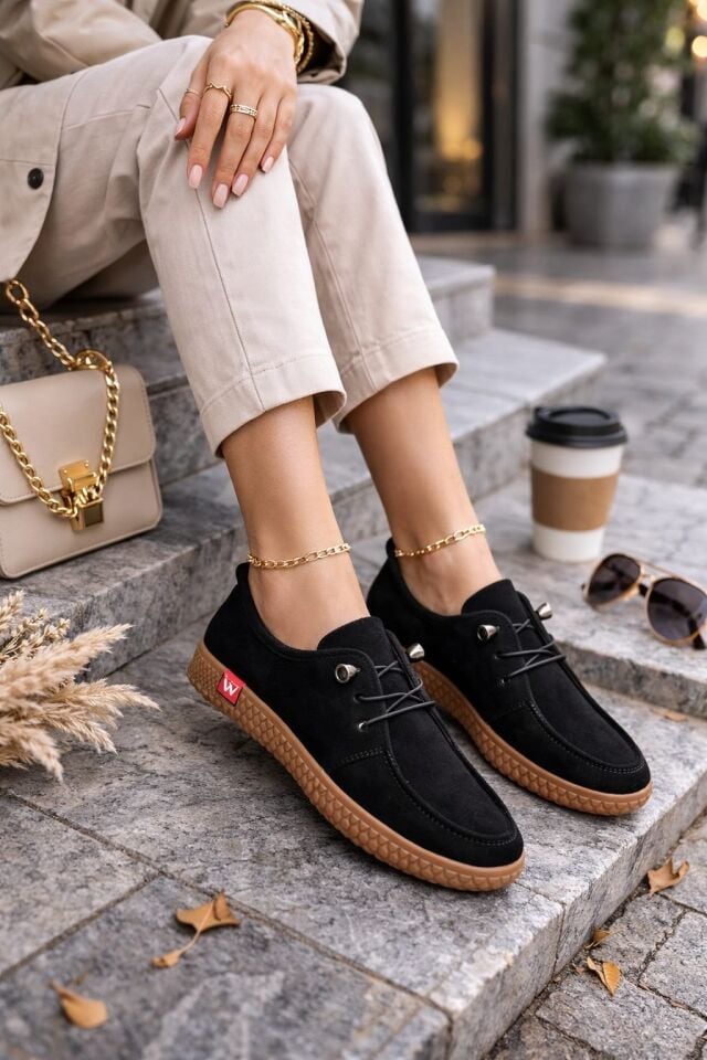 Kadın Süet Bağcıklı Casual Günlük Ayakkabı –Ortopedik & Termo Hafif Rahat Taban SİYAH-TABA - 40