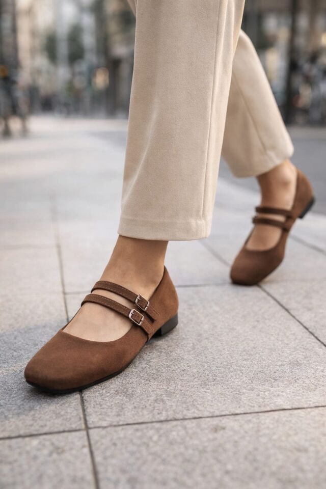 Kadın Üstten Kemerli Çift Tokalı Çift Bantlı Tokalı Süet Babet Süet KAHVERENGİ - 37