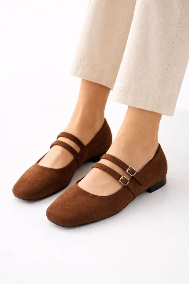 Kadın Üstten Kemerli Çift Tokalı Çift Bantlı Tokalı Süet Babet Süet KAHVERENGİ - 38