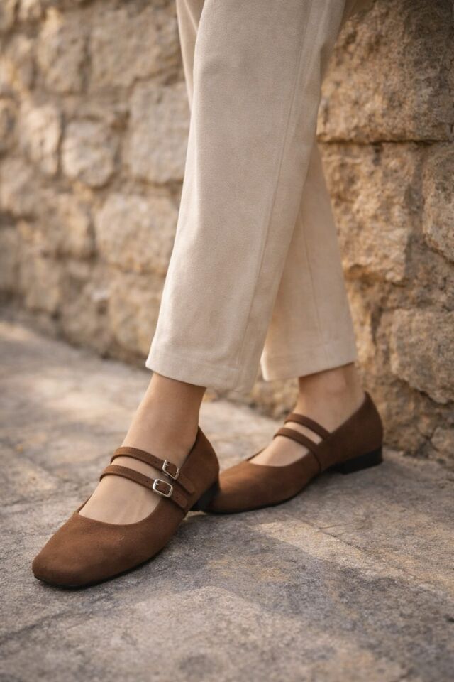 Kadın Üstten Kemerli Çift Tokalı Çift Bantlı Tokalı Süet Babet Süet KAHVERENGİ - 40